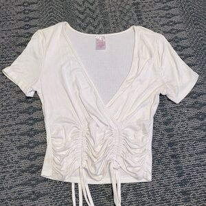 White Ruched Tie Front Crop Top